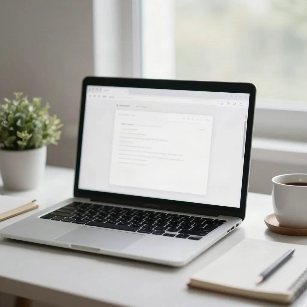 Laptop auf einem hellen Schreibtisch, das einen Email-Entwurf zeigt, neben Kaffee und einem Notizbuch