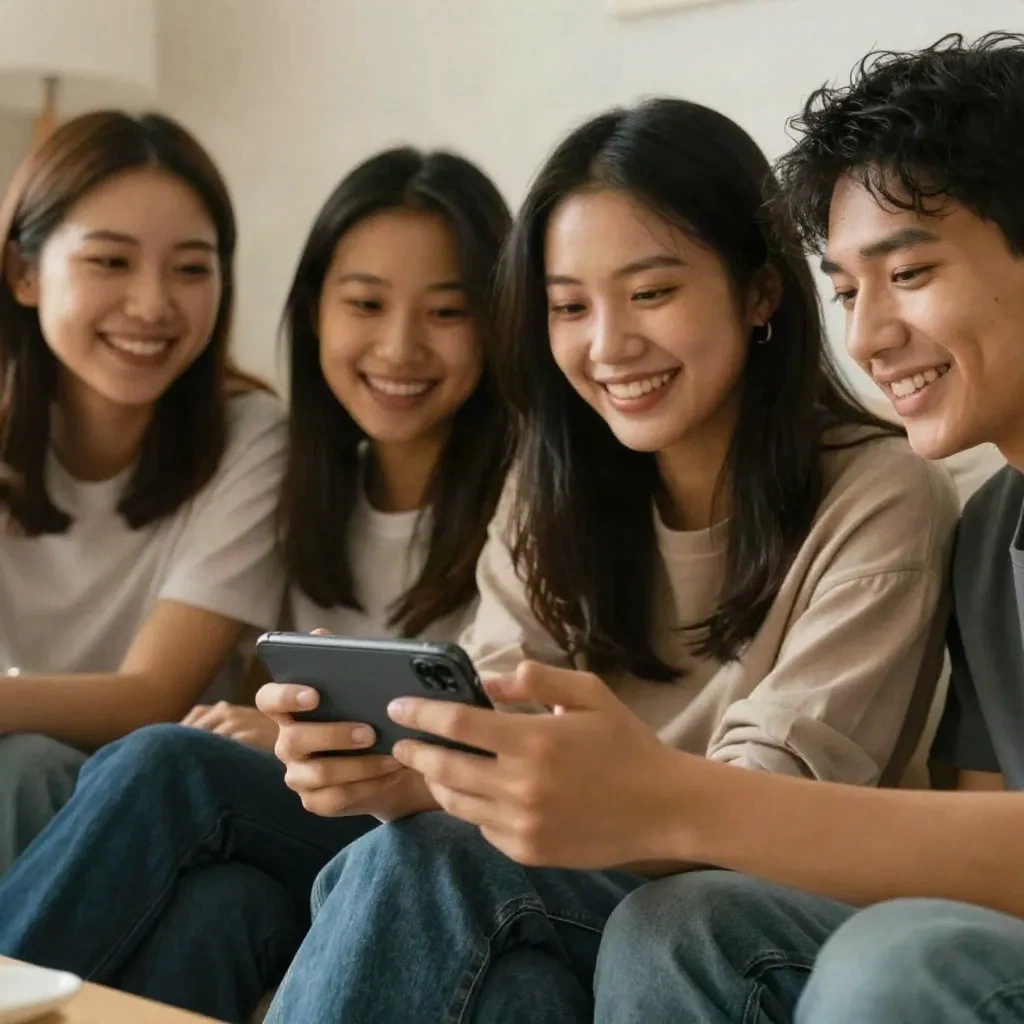 거실에서 휴대폰으로 영상을 함께 보는 친구들