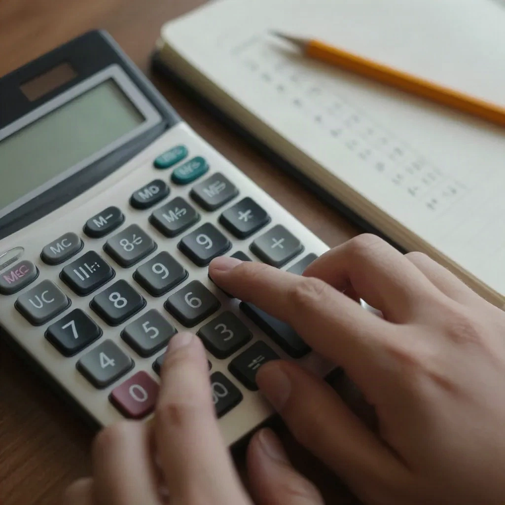 Hand using a calculator beside a notebook of fee calculations