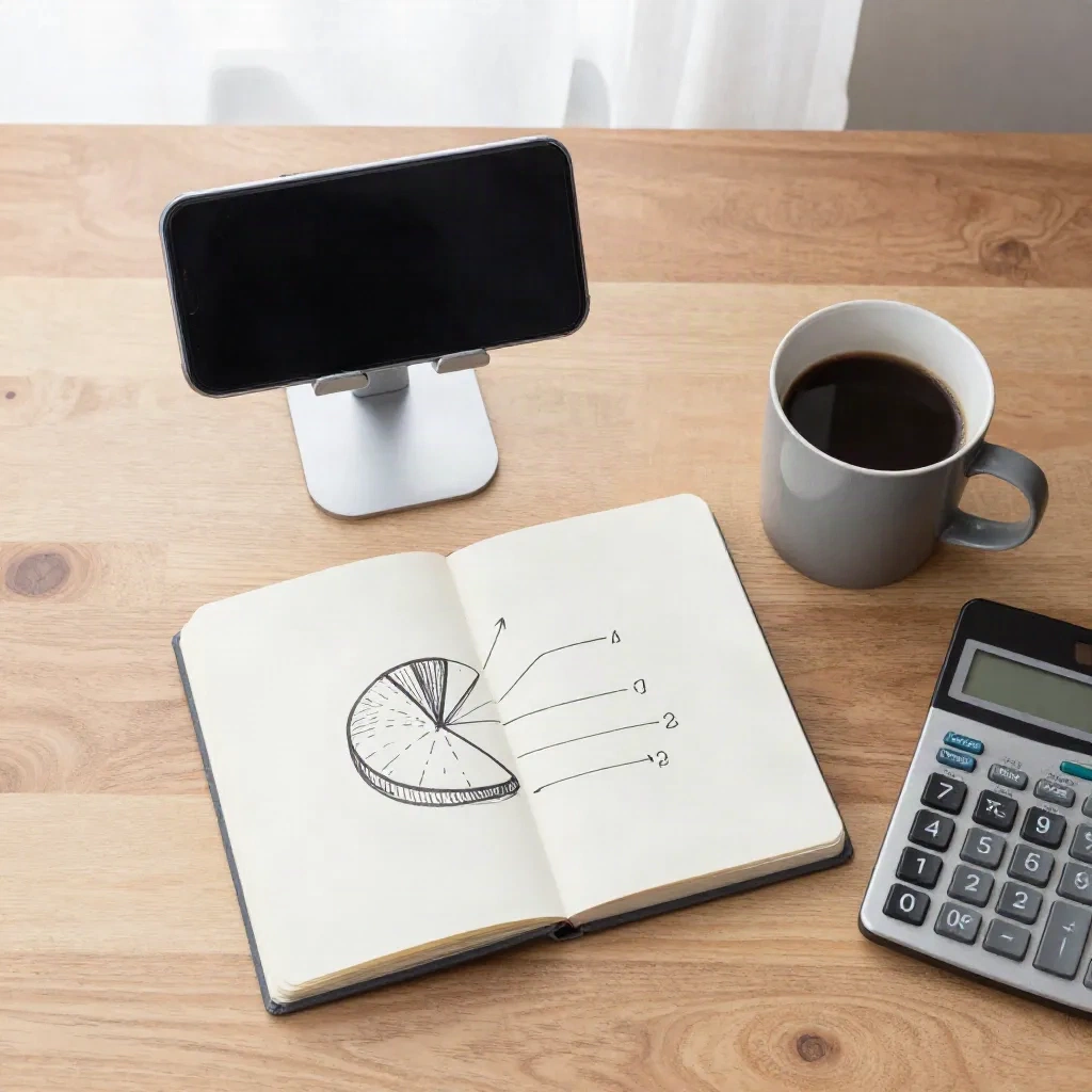 Bureau avec un carnet où sont esquissées des sources de revenus, à côté d'un smartphone
