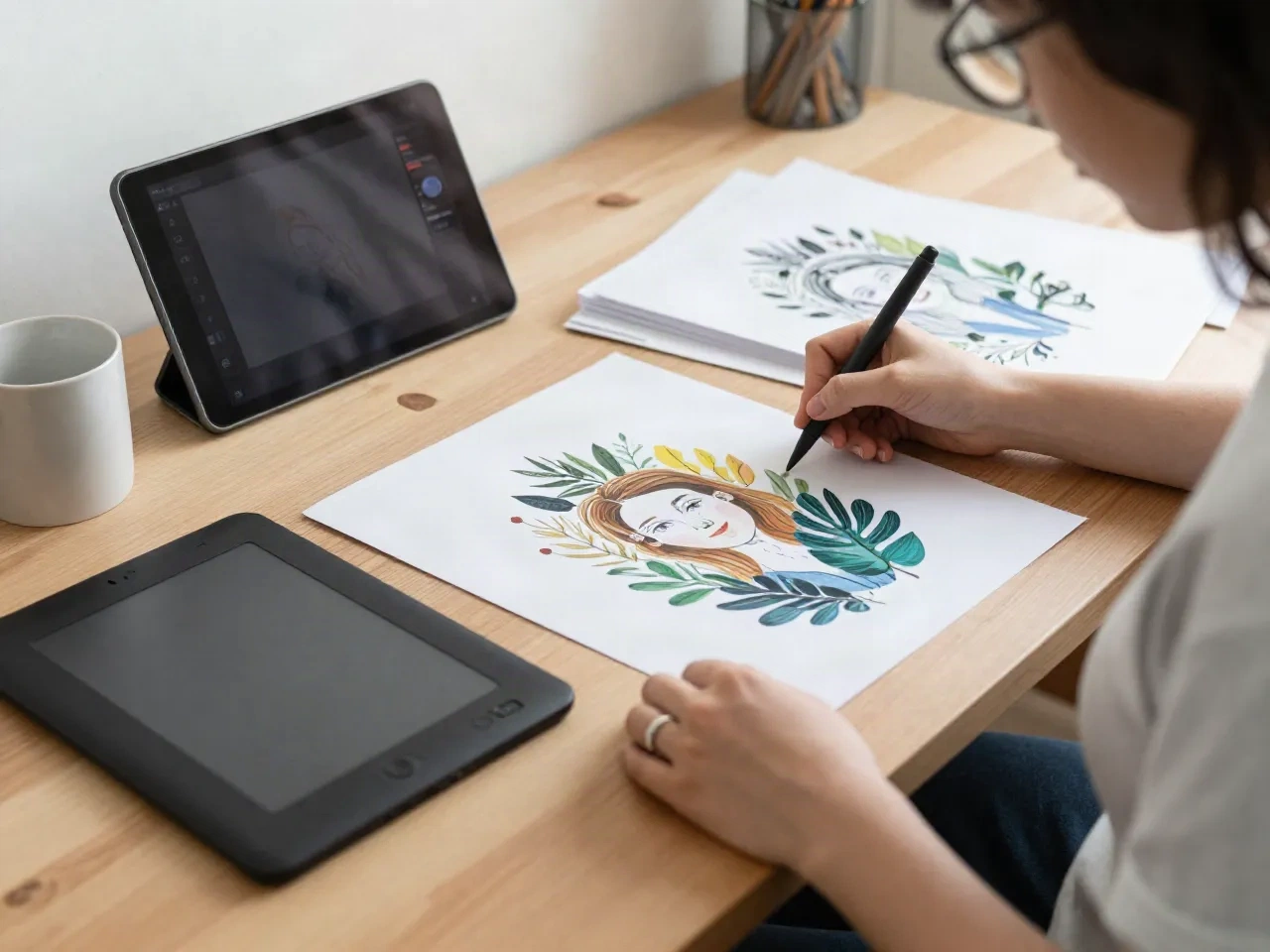 Illustrator zeichnet an einem Schreibtisch neben Tablet und gedruckten Werken