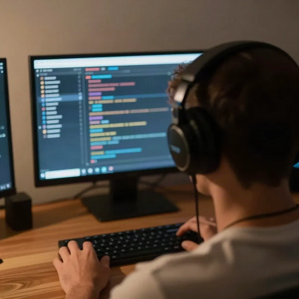 Streamer mit Kopfhörern von hinten, schauen auf Live-Chat auf einem Monitor