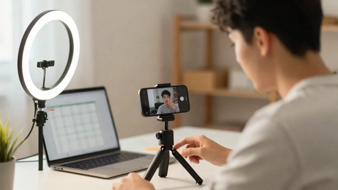 Ein Creator filmt ein vertikales Video mit dem Smartphone auf einem Stativ neben einer Tabelle auf dem Laptop