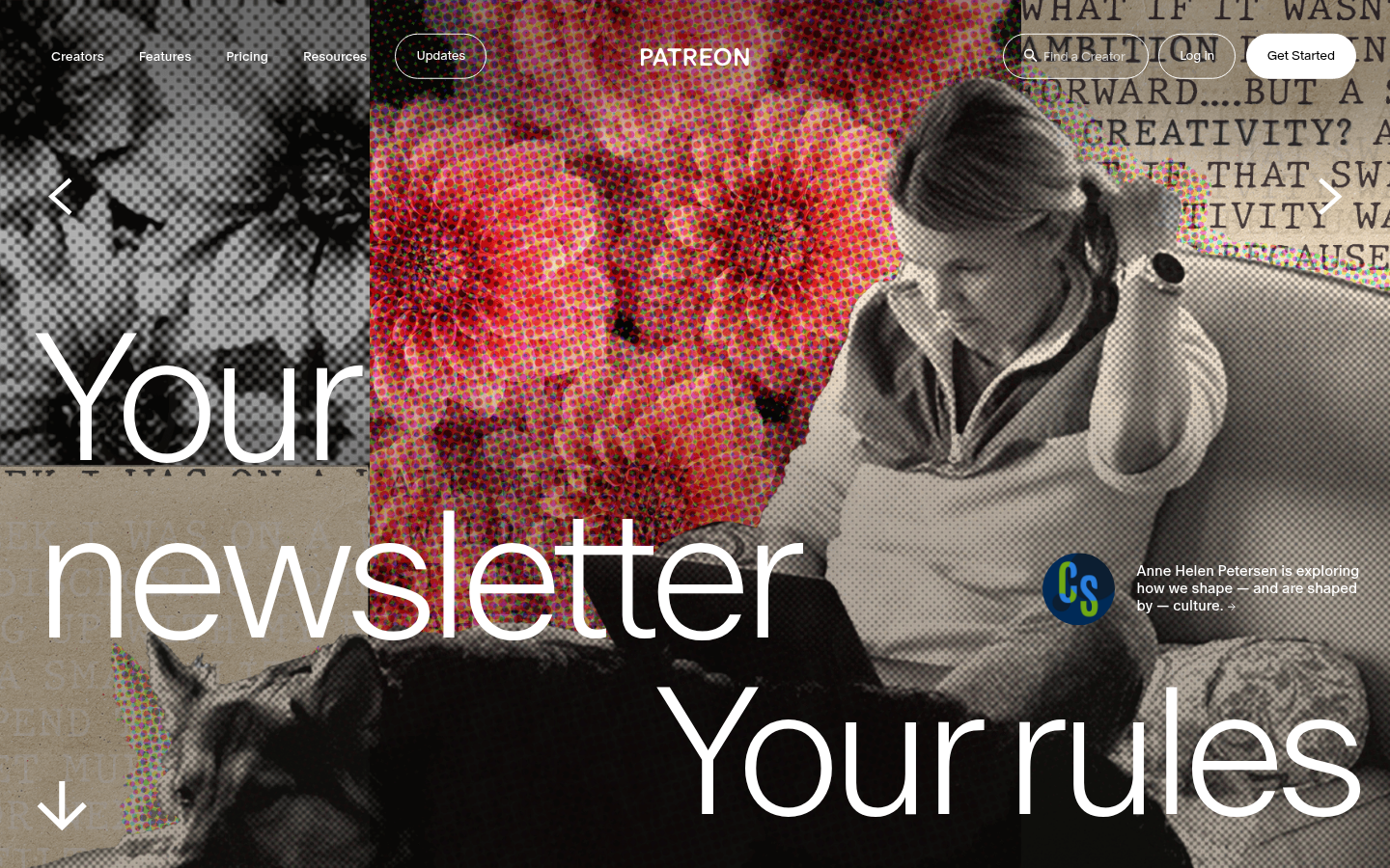 Startseite von Patreon, Screenshot