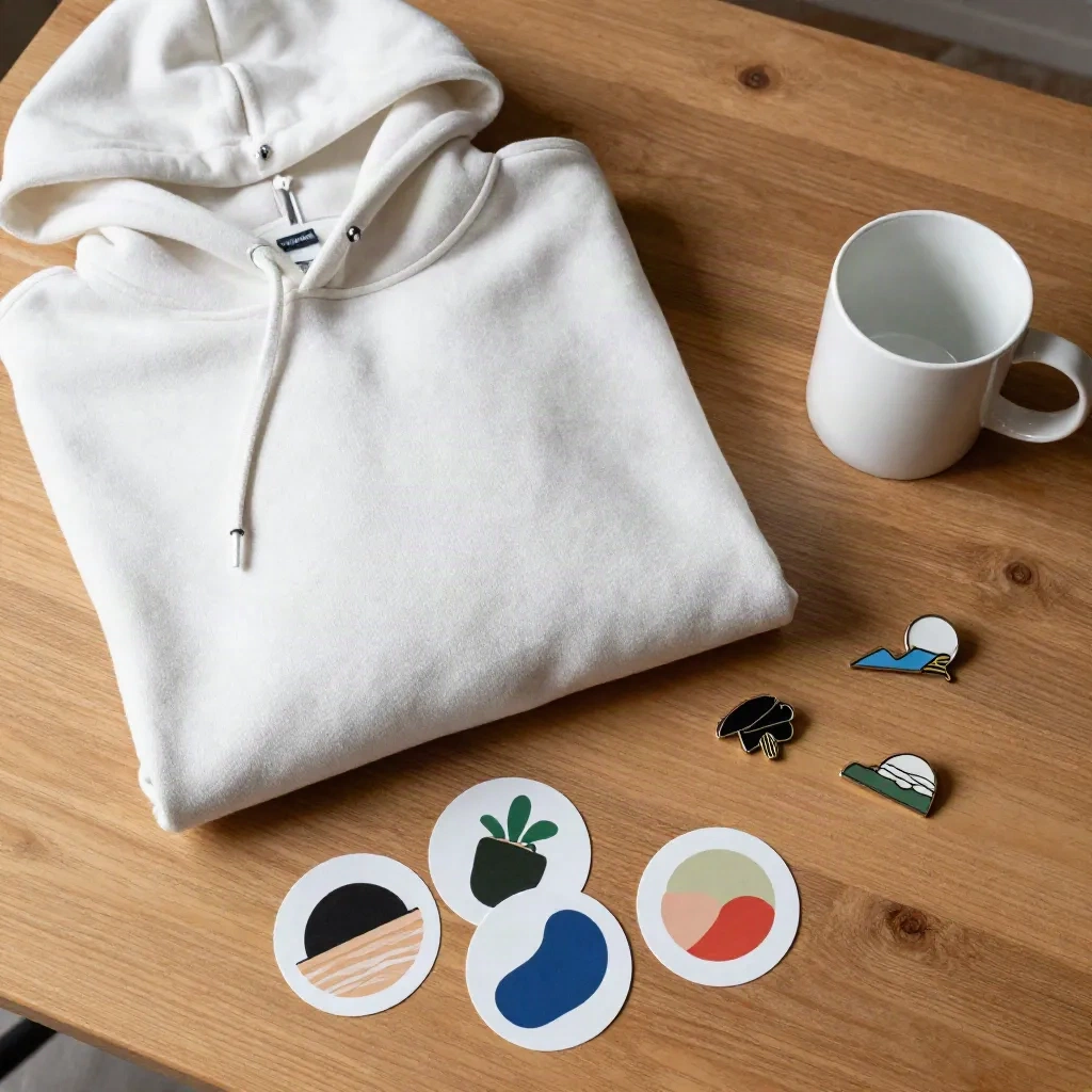 Flat-Lay von einfacher Hoodie, Stickern, Tasse und Email-Pins als Creator-Merch