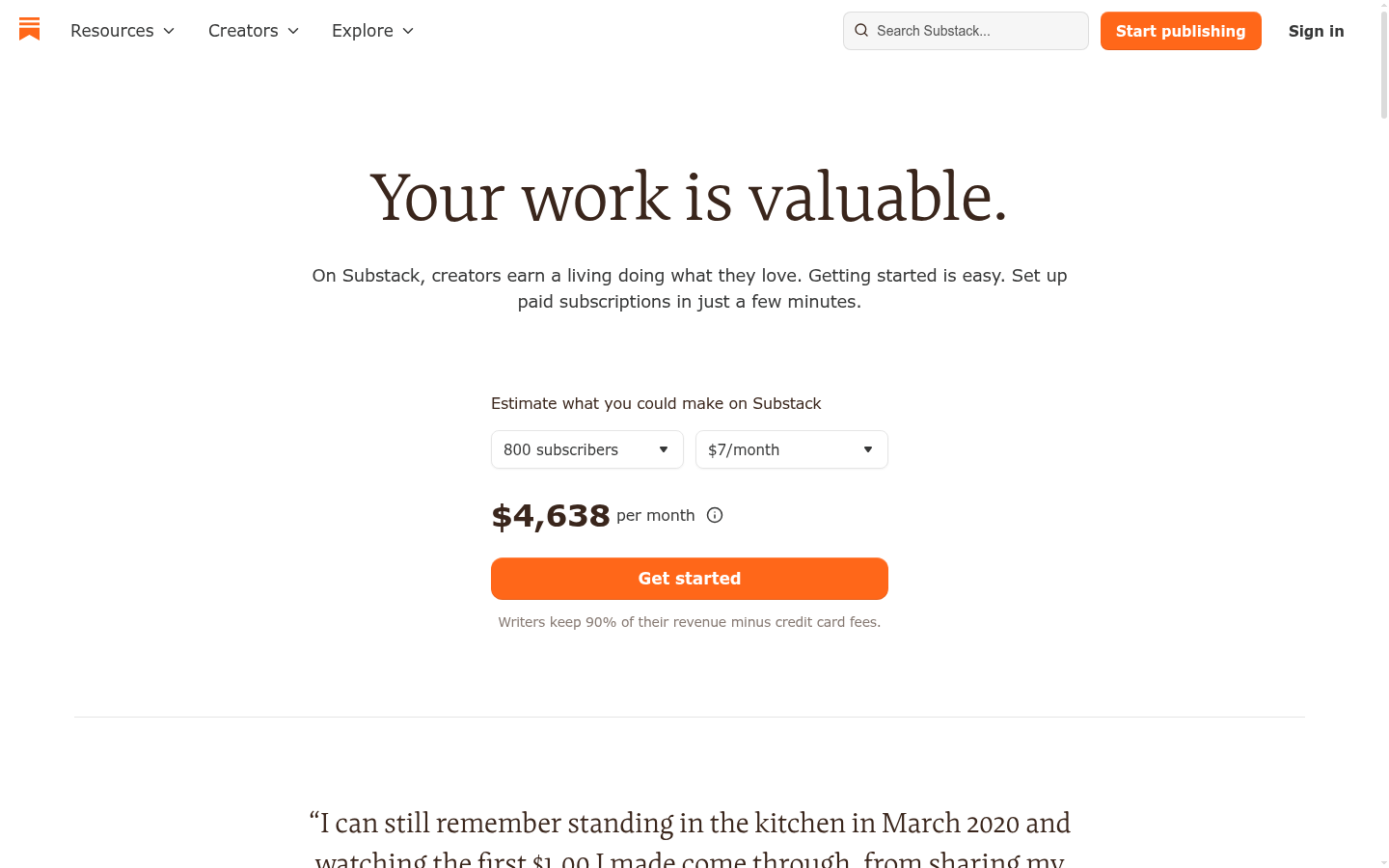 Substack going-paid page with the revenue calculator set to 800 subscribers at 7 dollars a month