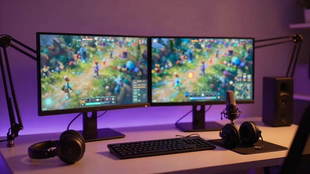 Streamer-Heimstudio bei Nacht mit Dual-Monitoren, Mikrofon und Kopfhörern unter violettem Licht