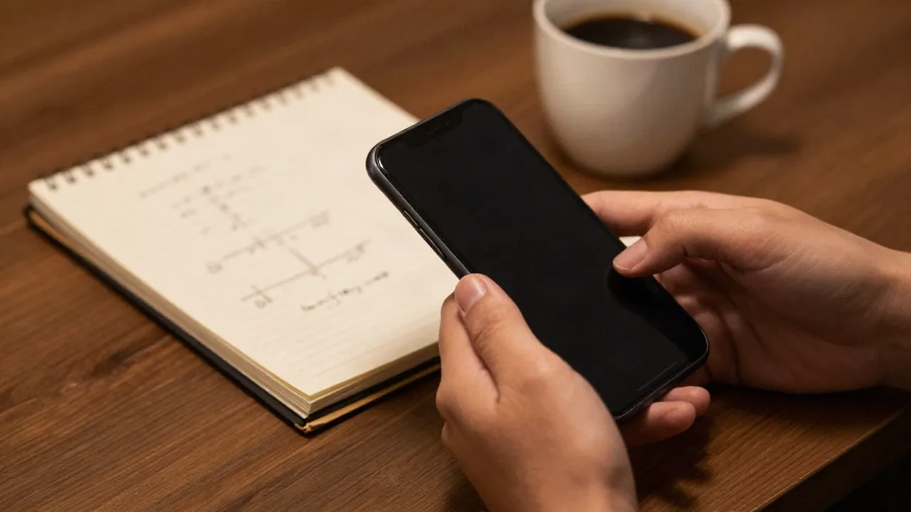 Creator holding a phone next to a notebook of handwritten revenue calculations