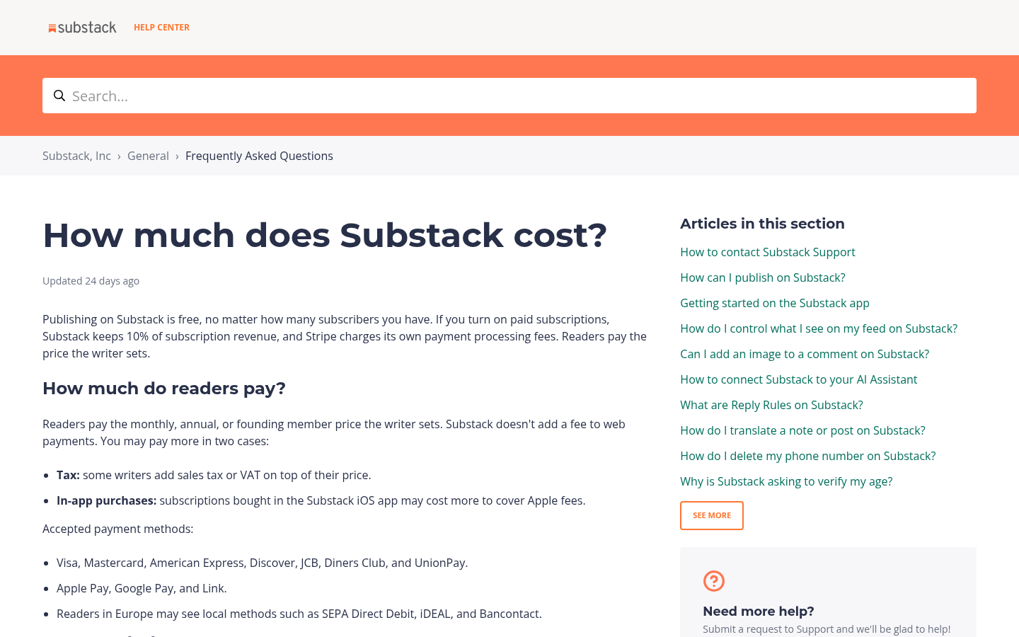 Substack Help Center page titled How much does Substack cost