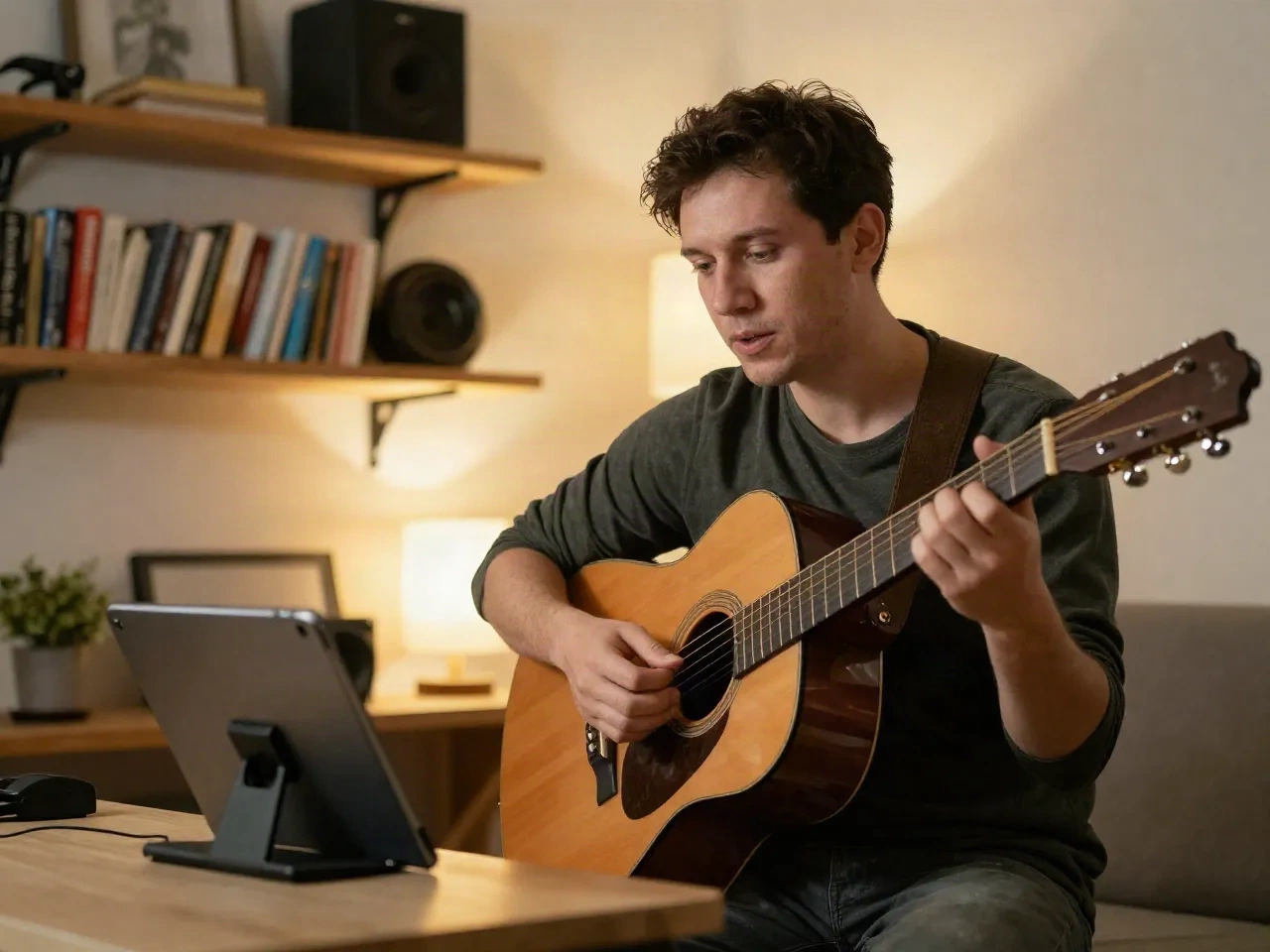 Musiker spielt Gitarre zu Hause neben einem Tablet