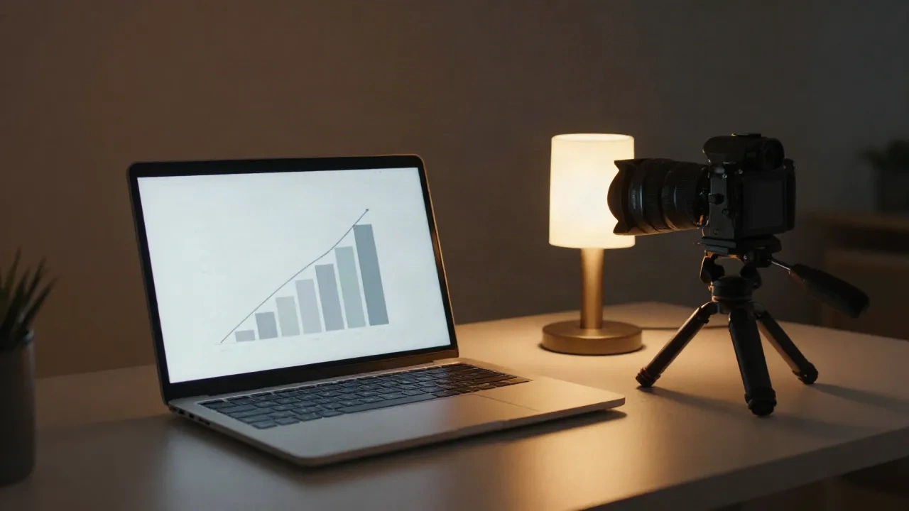 Creator-Schreibtisch mit Laptop, auf dem ein ansteigendes Balkendiagramm und eine Kamera auf einem Stativ angezeigt werden