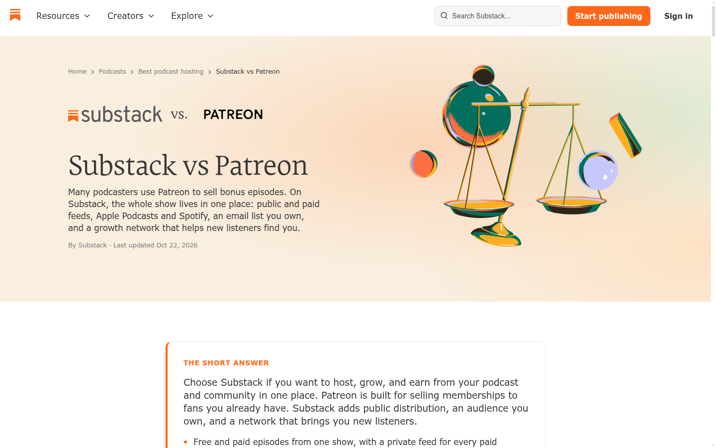 Substack vs Patreon comparison page published by Substack