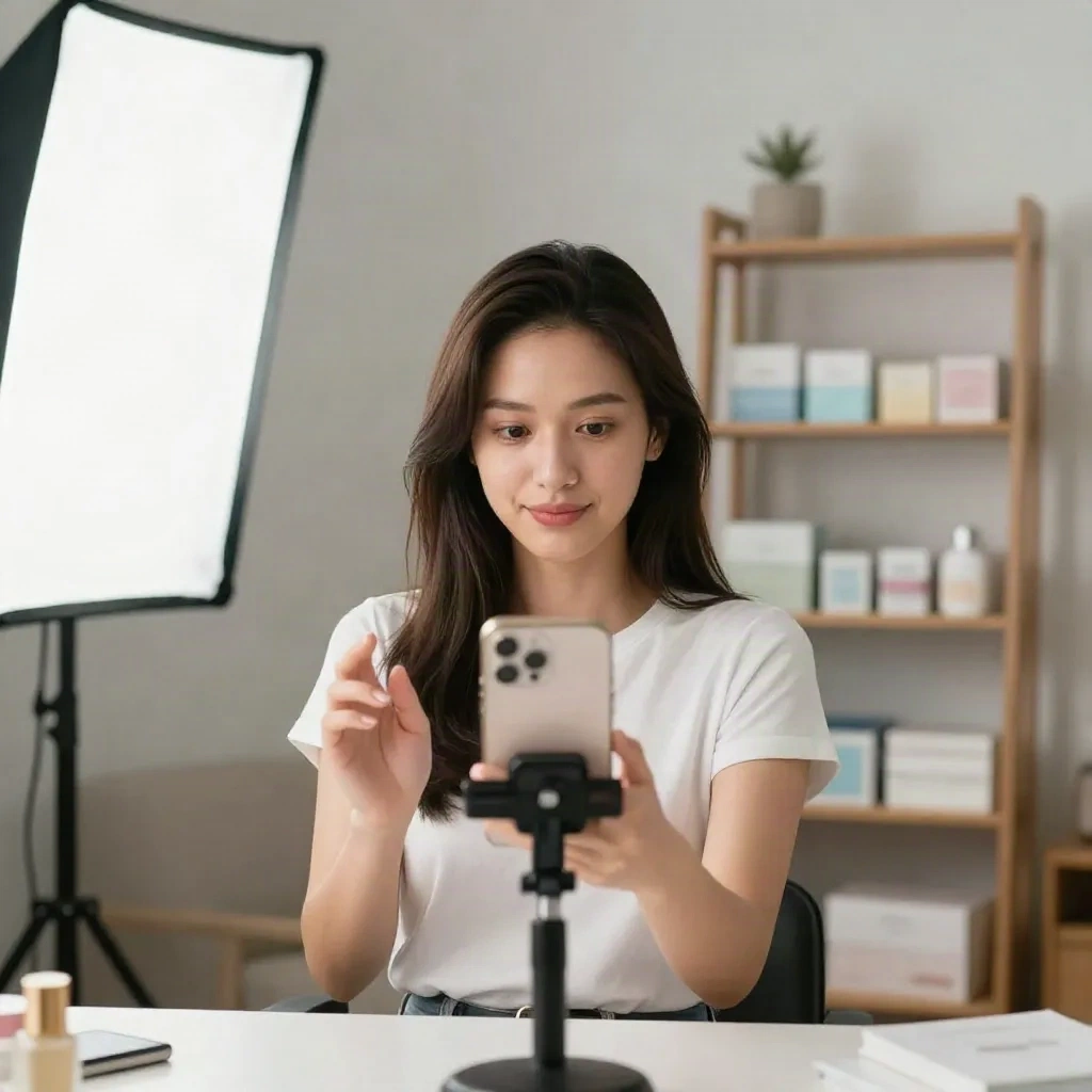 Créateur filmant une vidéo de démonstration produit dans un petit studio à domicile
