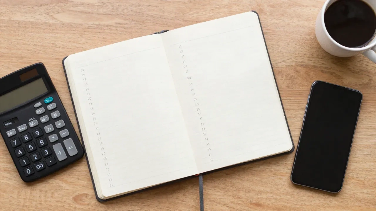 Notizbuch, Taschenrechner und Smartphone auf einem Schreibtisch zur Schätzung von TikTok-Einnahmen