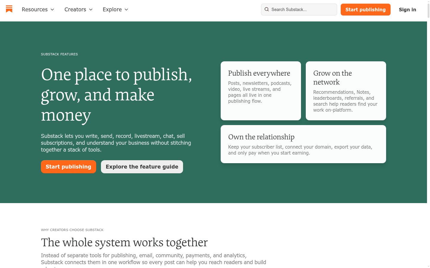 Pagina delle funzionalità di Substack: un solo posto per pubblicare, far crescere e guadagnare