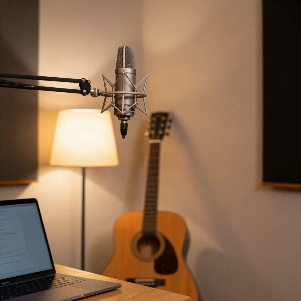 Independent musician home studio with microphone and acoustic guitar