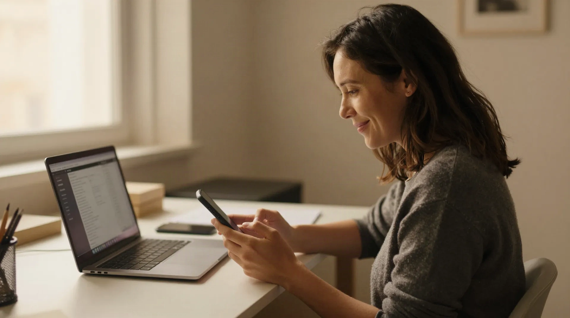 Independent creator checking her phone at a home desk