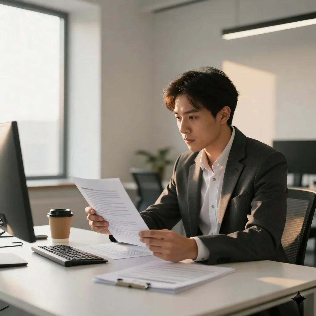 Business professional reviewing a pitch deck document in a modern office setting