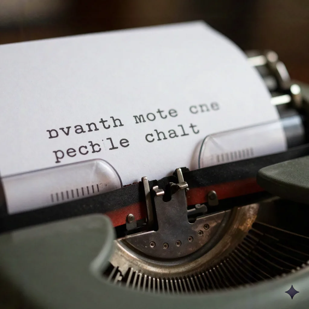 Vintage typewriter producing a clean typed paragraph, editorial craft close-up