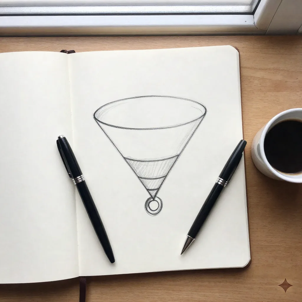 Overhead flat-lay of a notebook with a hand-drawn priority sketch and an espresso cup