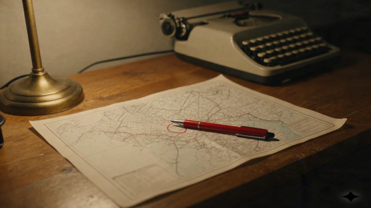 Ein Schreibtisch bei Nacht mit einer offenen Karte und einem roten Stift an einer unbenannten Stelle, evoziert den Moment vor dem Namen einer Stadt