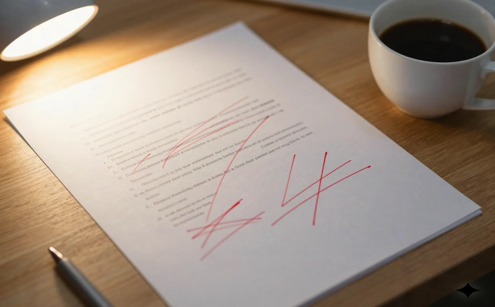 Printed pitch deck slide marked up with red pen copy edits on a desk