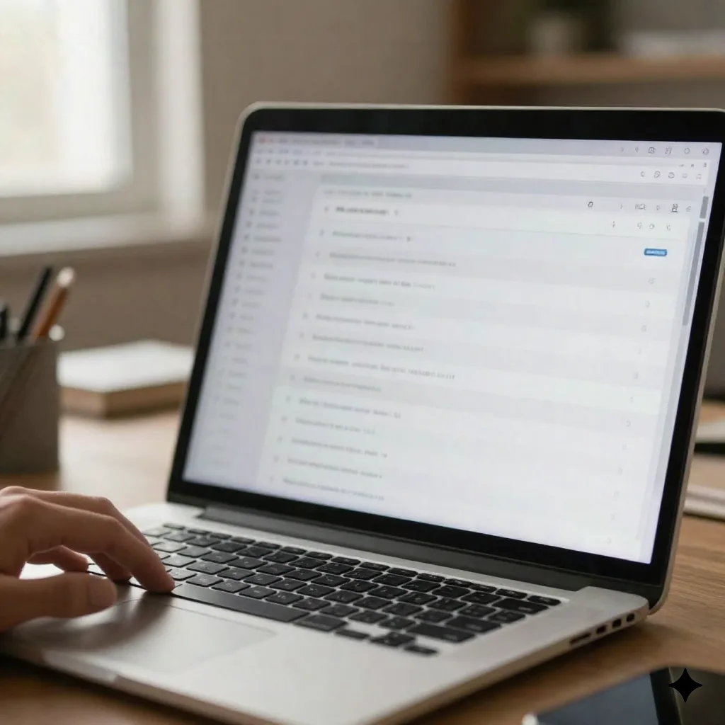 A laptop screen showing a blurred ranking list on a cluttered desk in afternoon light
