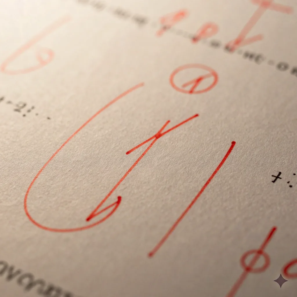 Extreme close-up of red pen editing marks on a printed page