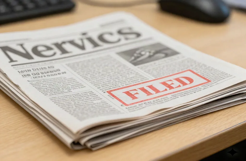 A stack of press proofs, one stamped FILED in red ink, on an editorial desk