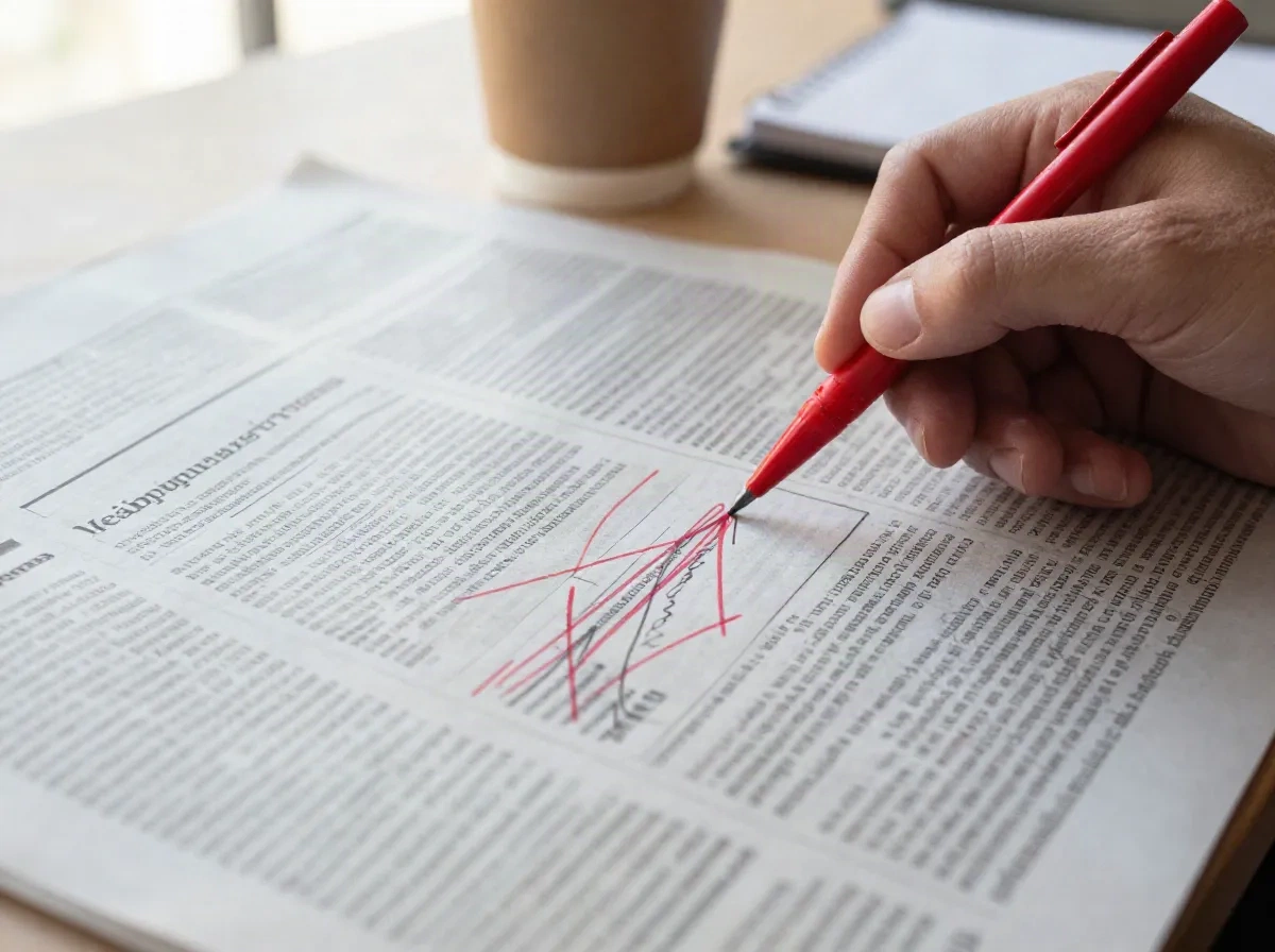 Close-up of a printed press release page marked up with red pen copy-editing corrections and strikethroughs, a hand mid-correction