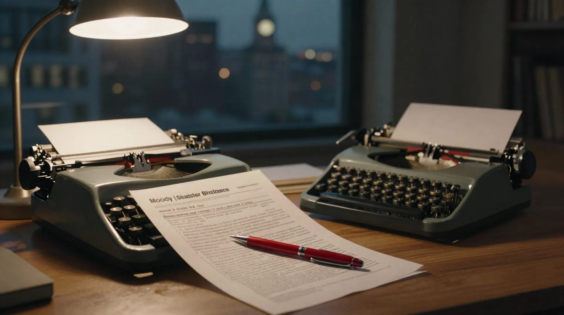 A dim newsroom desk at night with two vintage typewriters, a red editing pen resting on a marked-up press release draft, city skyline in the window