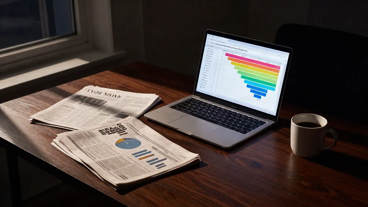 Editorial desk at night with marketing automation dashboard and analytics charts