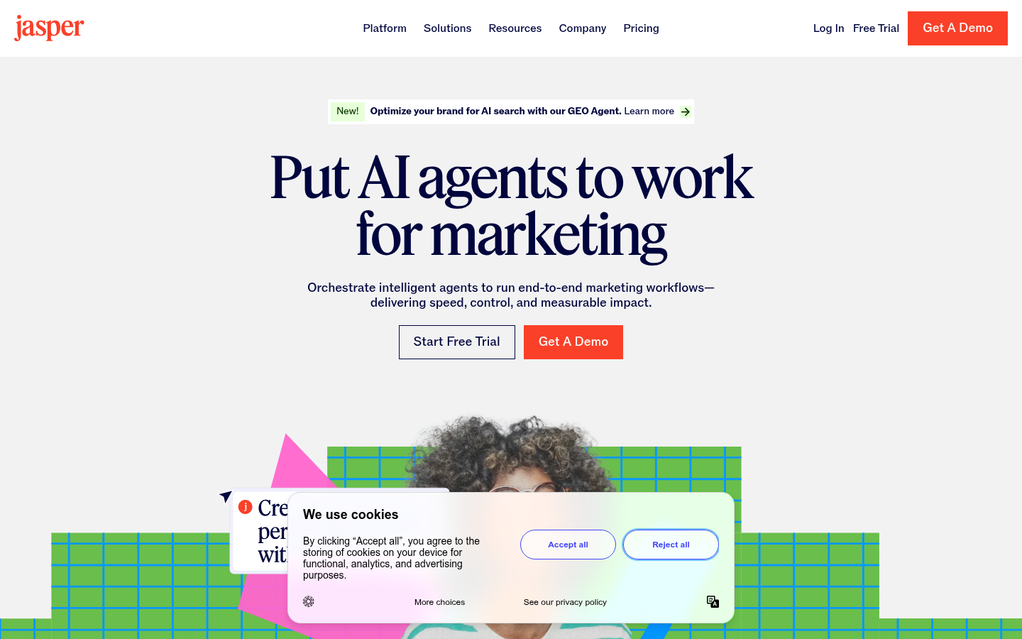 Homepage hero di Jasper AI, screenshot agosto 2026