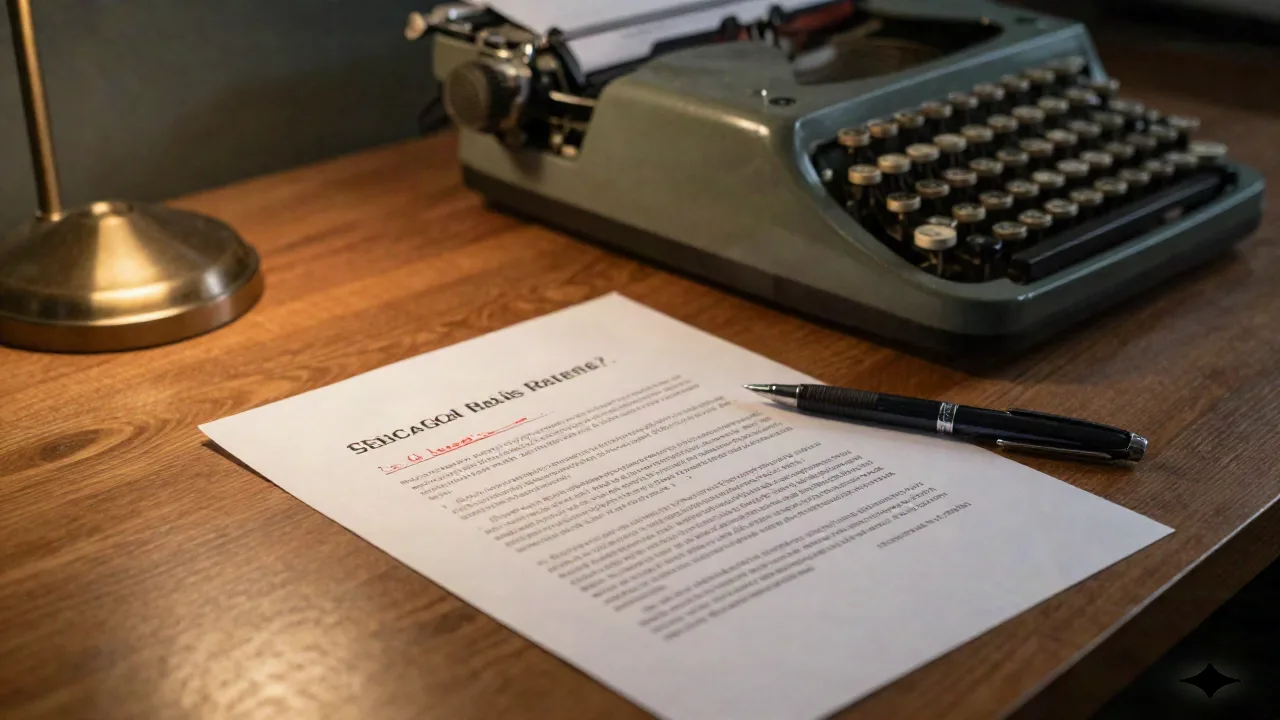 A marked-up press release draft beside a vintage typewriter on a newsroom desk