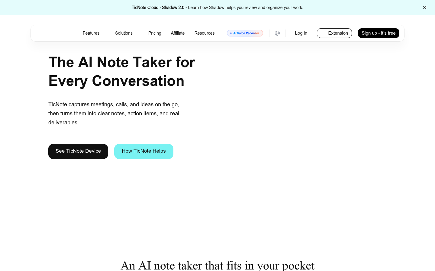 TicNote Startseite mit der KI-Notizzeile und der Cloud-Anmeldung
