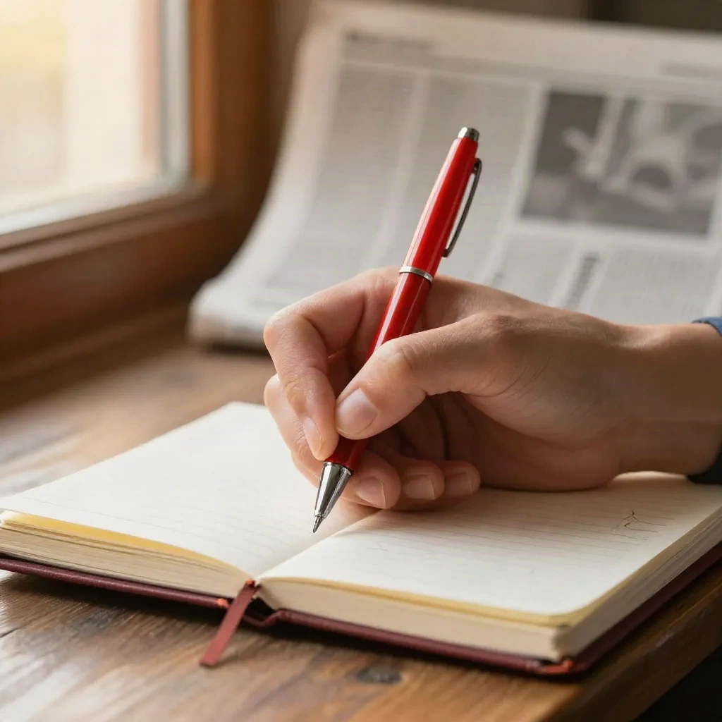 Journalist hand writing editorial corrections in a notebook with red pen