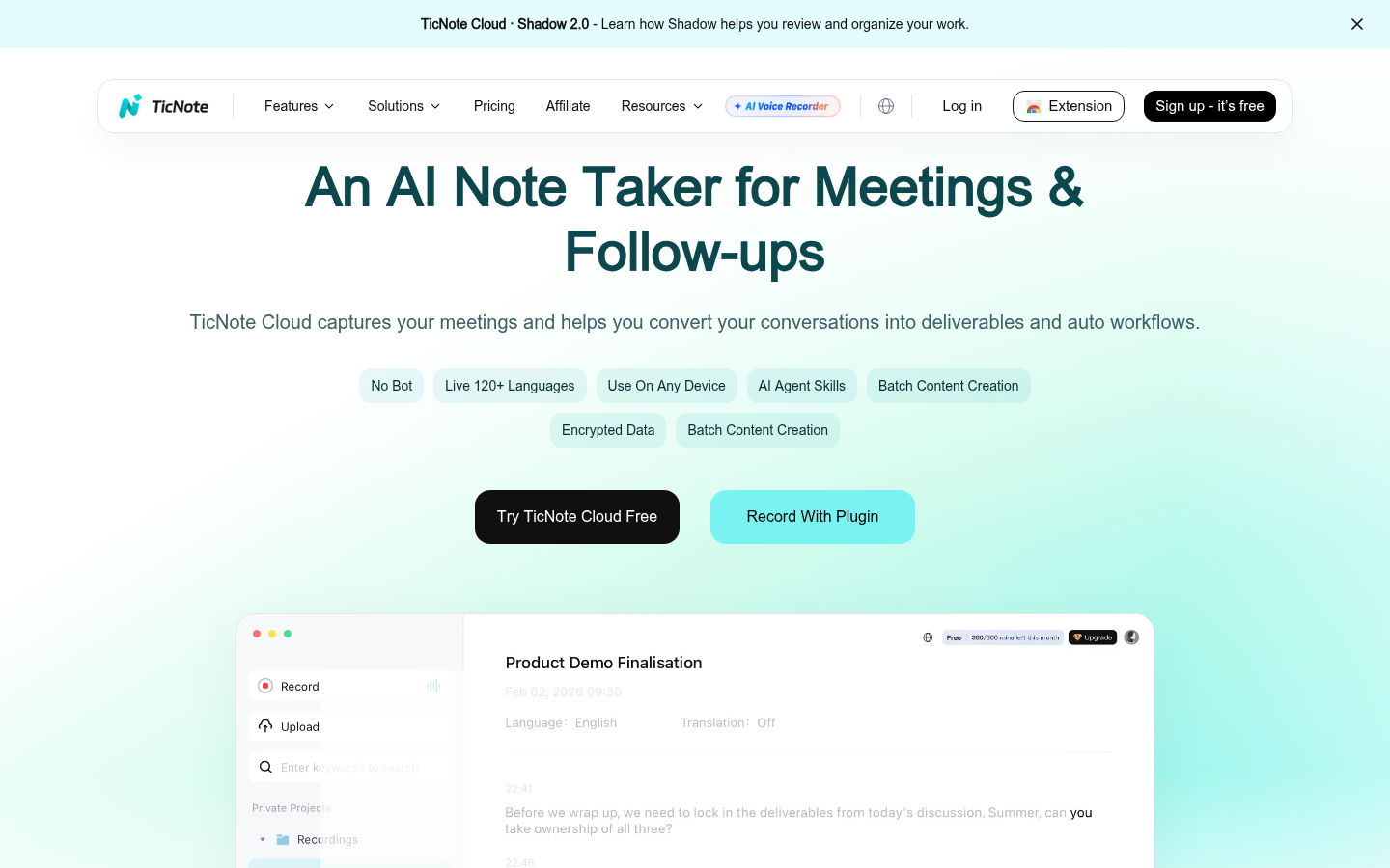 Halaman produk TicNote Cloud yang menjelaskan pengubahan rapat menjadi deliverable
