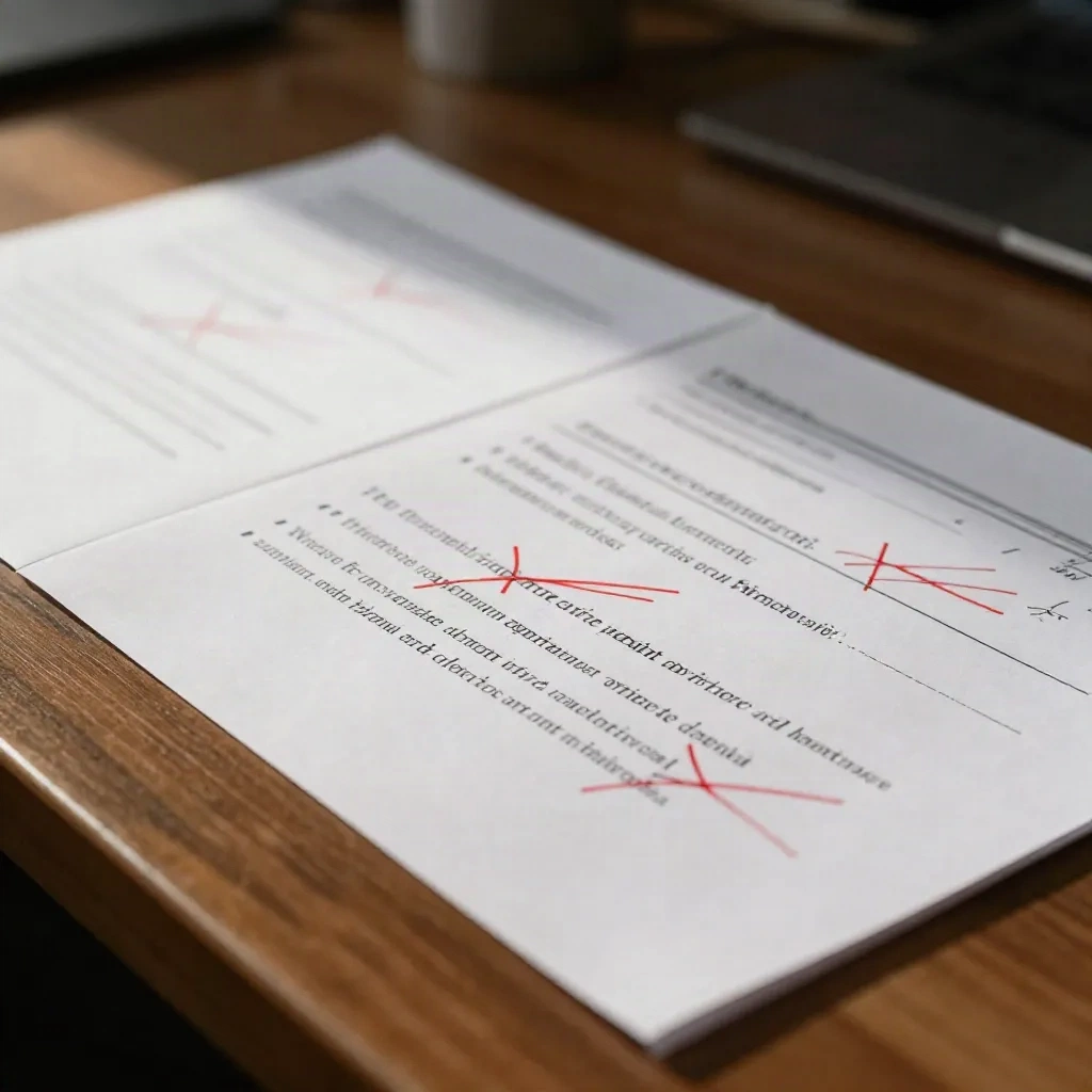 Pitch-Deck-Seiten mit roten Markierungen eines Lektors und redaktionellen Anmerkungen auf einem Schreibtisch