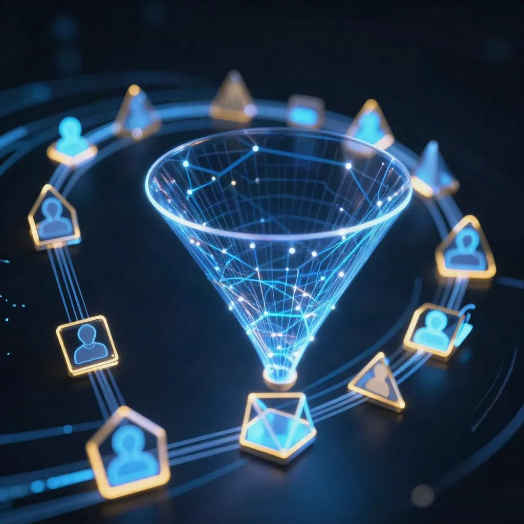 Abstract visualization of AI marketing automation pipeline with interconnected data nodes