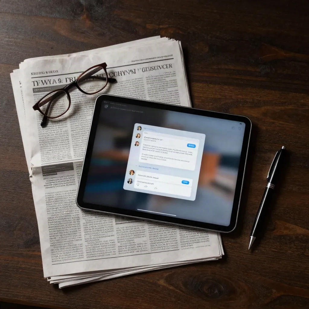 Newspapers and AI tablet interface on editorial desk flat lay