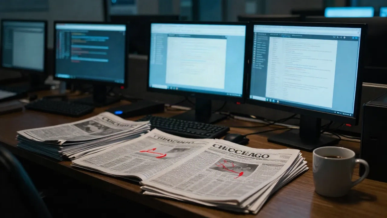 Editorial newsroom desk at night with glowing screens and printed pages