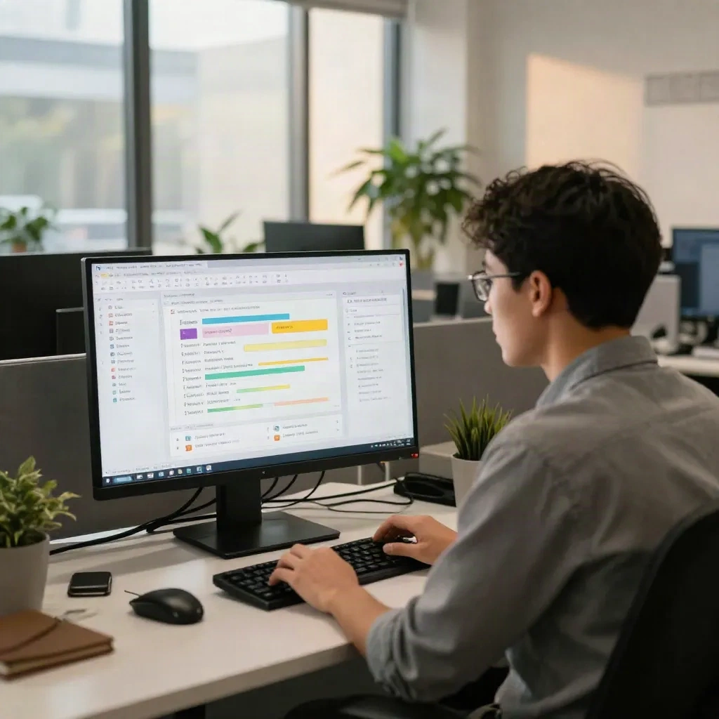 Marketing professional reviewing AI-powered campaign automation workflow on screen