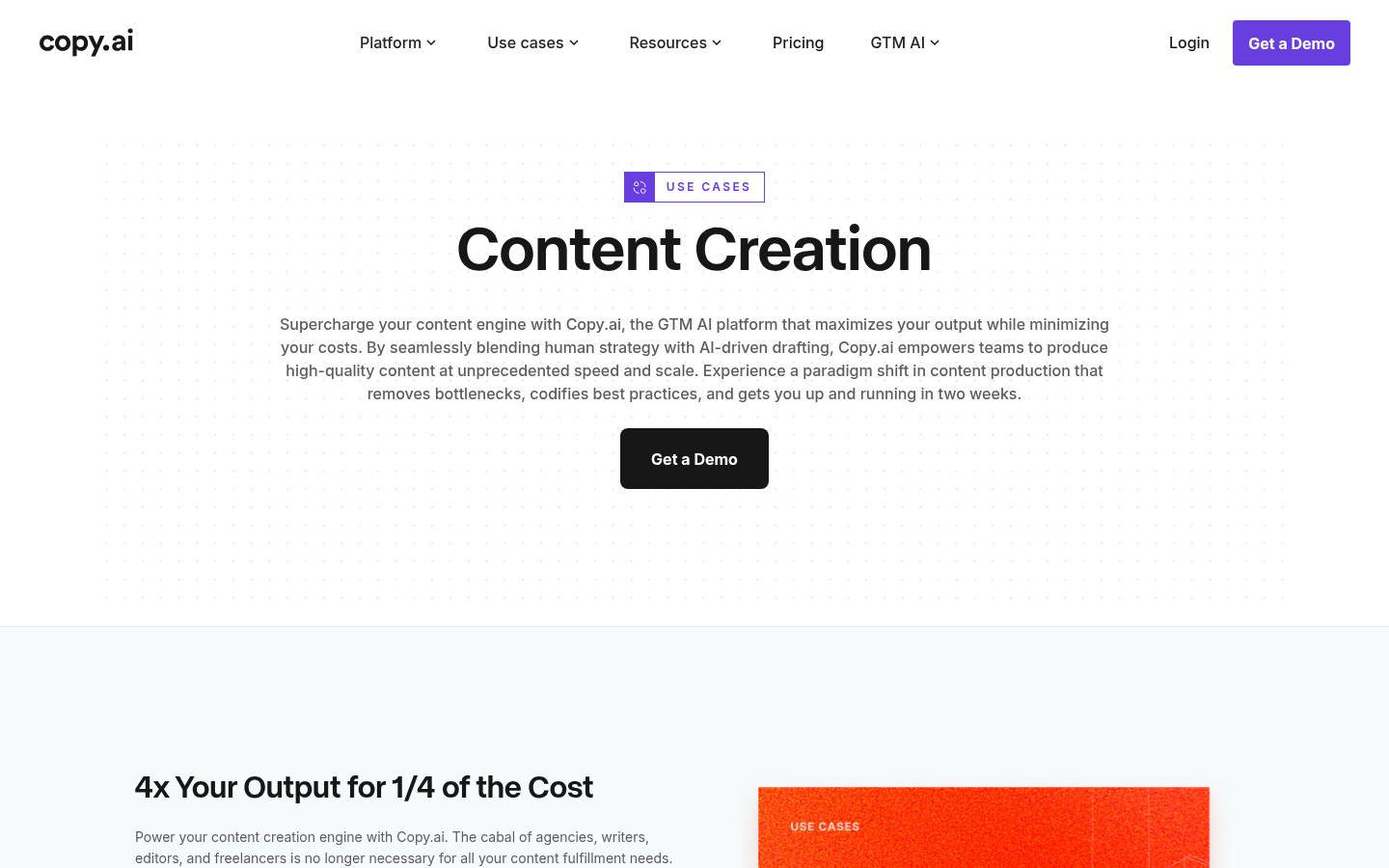 Copy.ai's content-creation workspace, used to run our problem-statement rewrite prompt