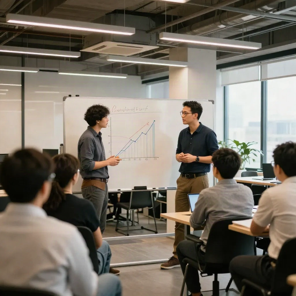 Un founder de startup présentant des métriques de growth marketing à une petite équipe dans un bureau moderne
