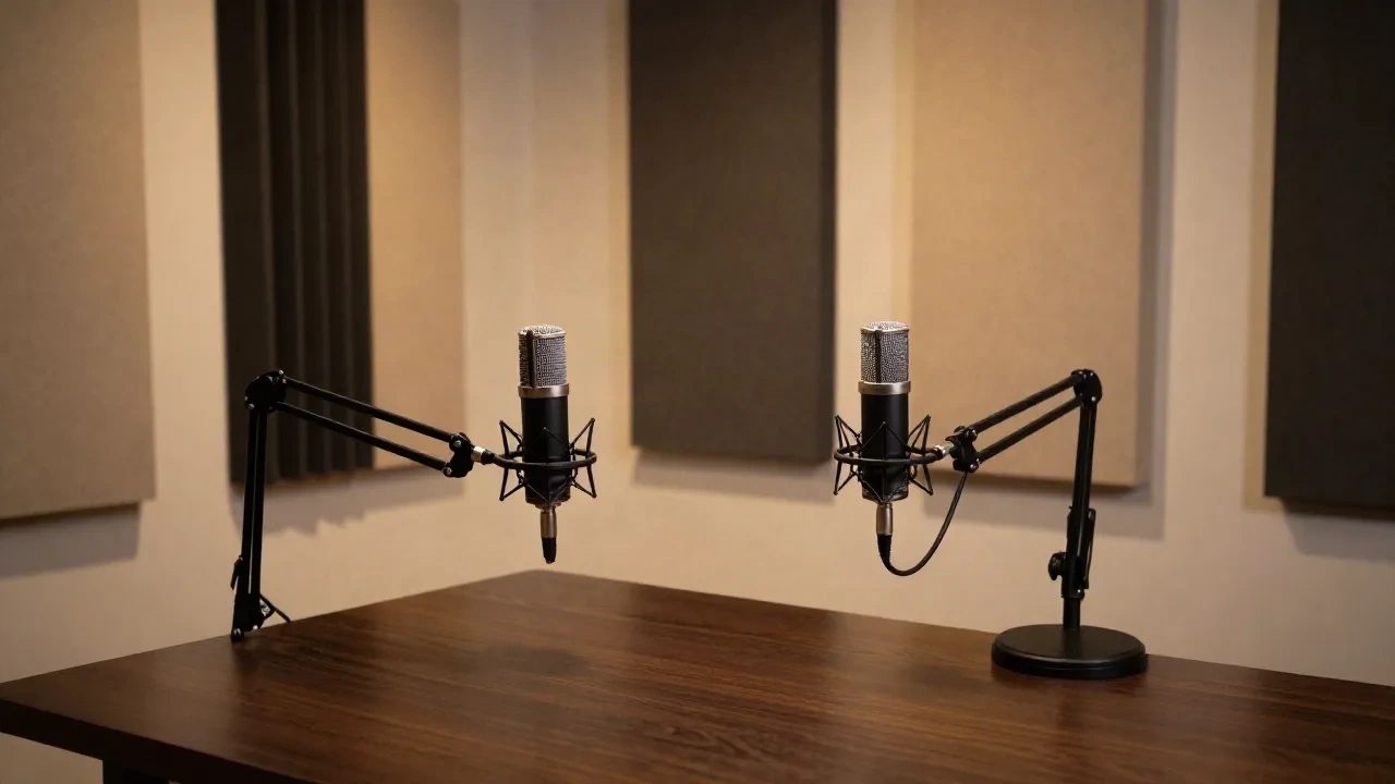 Podcast-Studio mit zwei Mikrofonen auf dunklem Holztisch, Editorial-Beleuchtung