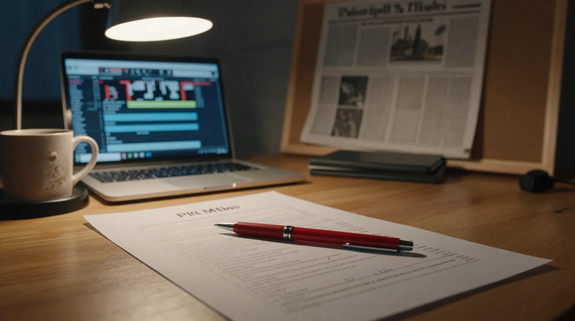 Ein dim beleuchteter redaktioneller Schreibtisch nachts mit einem Laptop, der einen unscharfen Coverage-Tracker zeigt, ein roter Stift auf einem überarbeiteten PR-Pitch-Entwurf, eine gefaltete Zeitung und eine Kaffeetasse in der Nähe