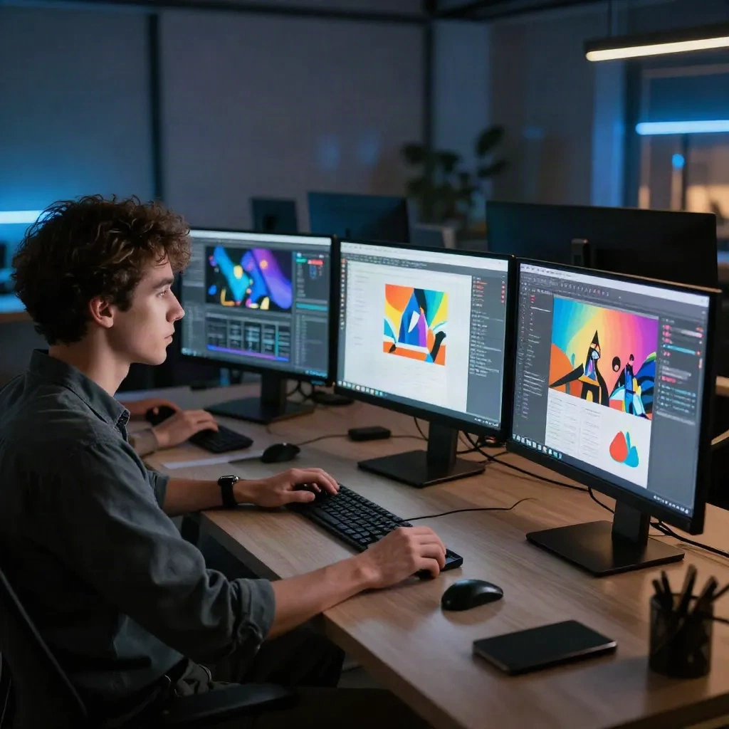 Creative team working intensely on an AI marketing campaign with multiple screens showing ad visuals