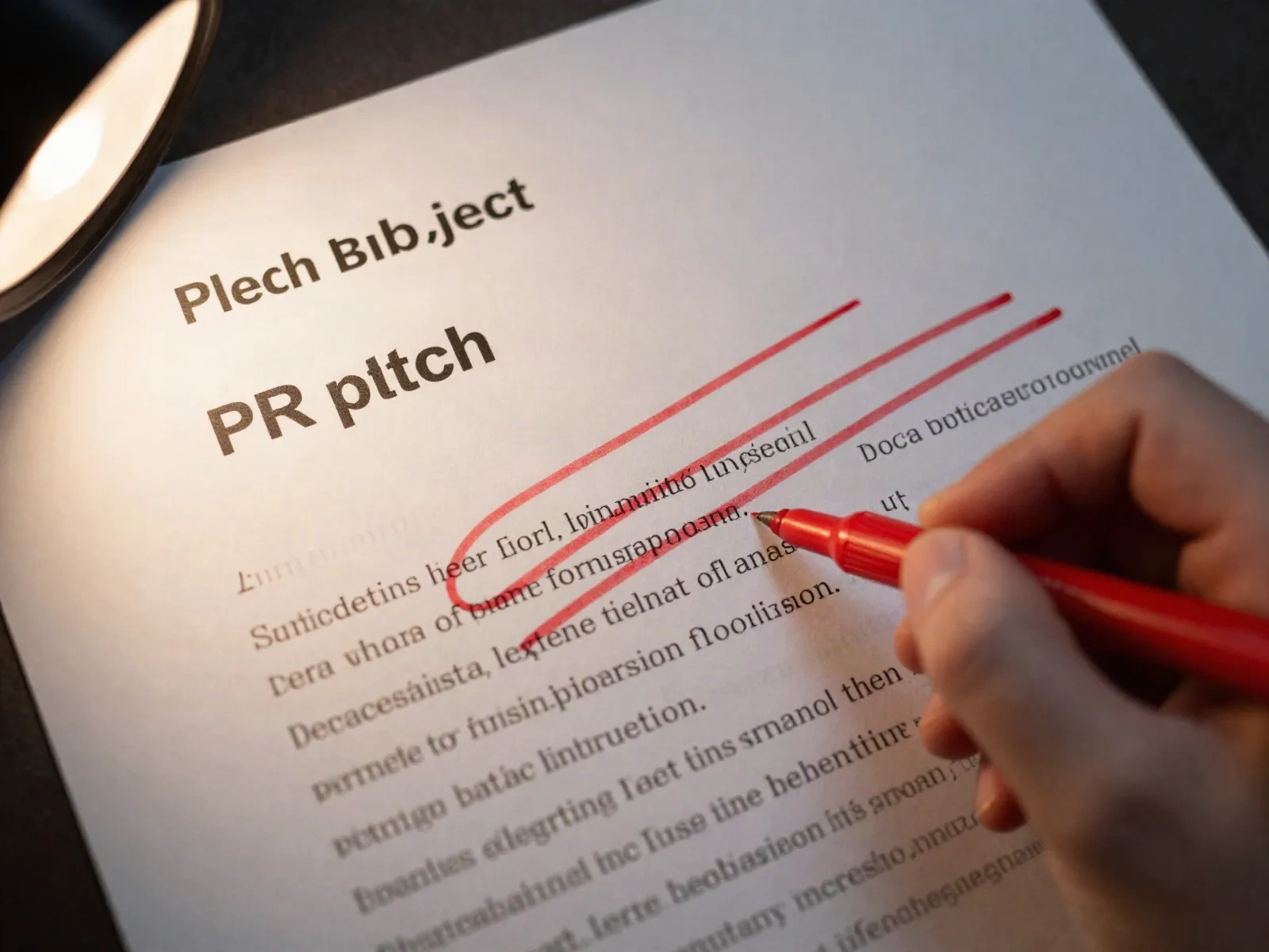 Basılı bir PR pitch sayfasının yakın çekimi, kırmızı kalemle düzenlenmiş ve daire içine alınmış düzeltmeler, düzeltme ortasında bir el