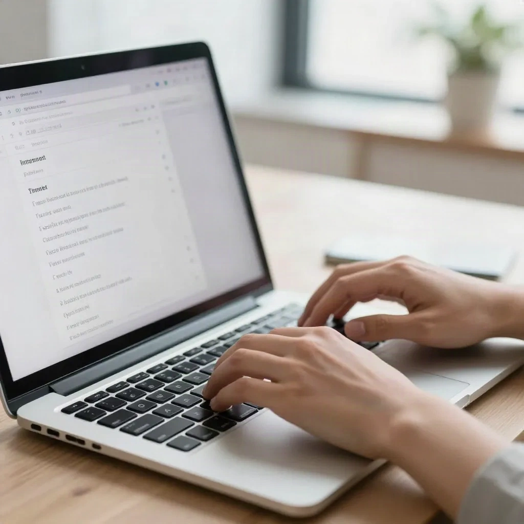 Jurnalis mengetik respons pitch di laptop di meja kerja