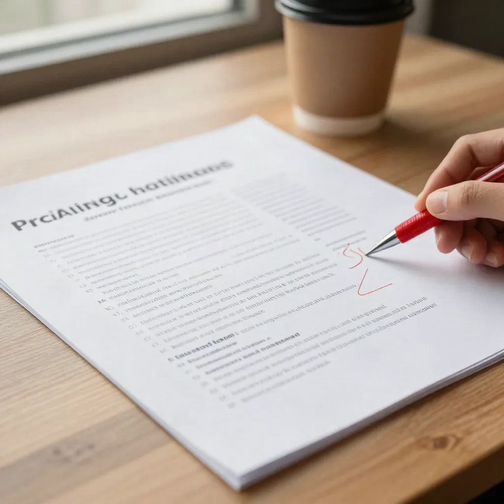 Printed business presentation document with red pen markup edits on a wooden desk, editorial copy-editing in progress